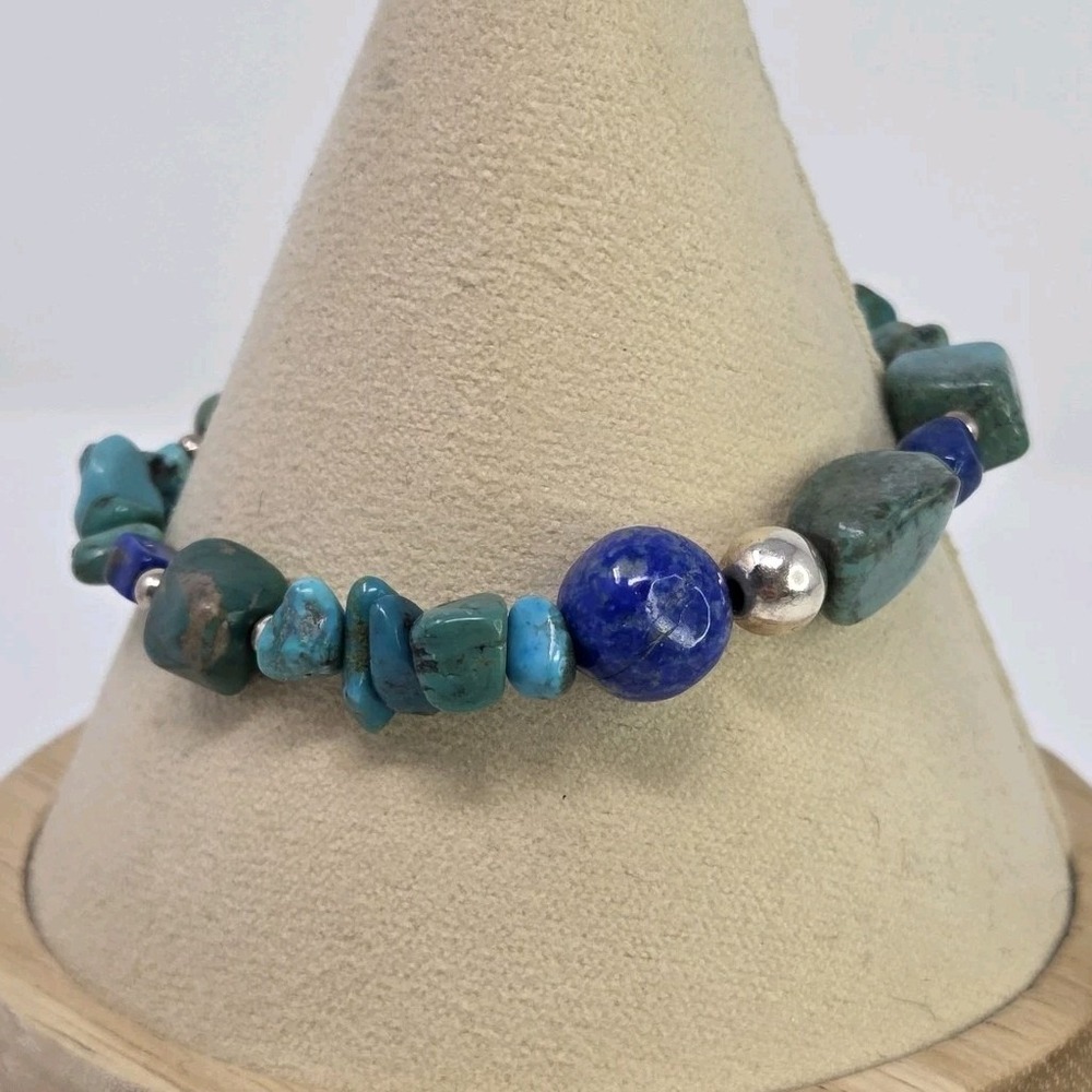 Shube Dakota West Chunky Turquoise Lapis Lazuli Sterling Silver Stretch Bracelet